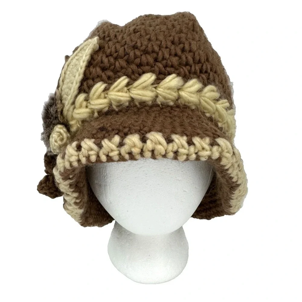 Women's Crochet Cloche Fleece Lined Winter Hat Faux Fur Flower Accent Brown Knit